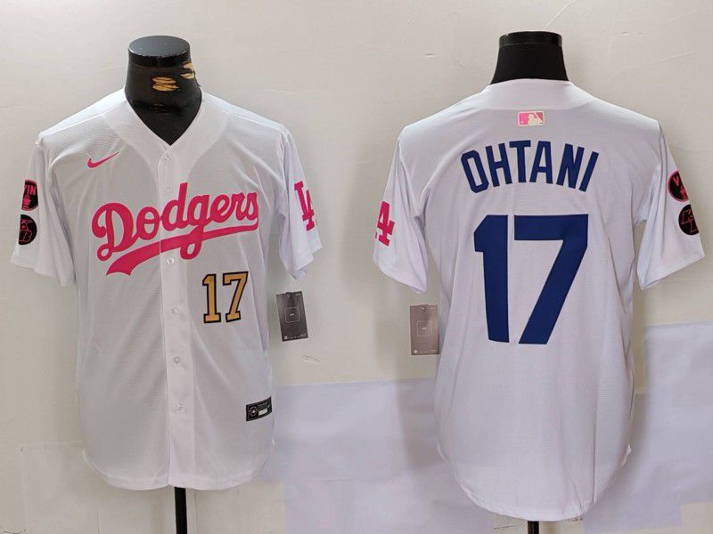 Men Los Angeles Dodgers #17 Ohtani White pink joint name 2024 Nike MLB Jersey style 4